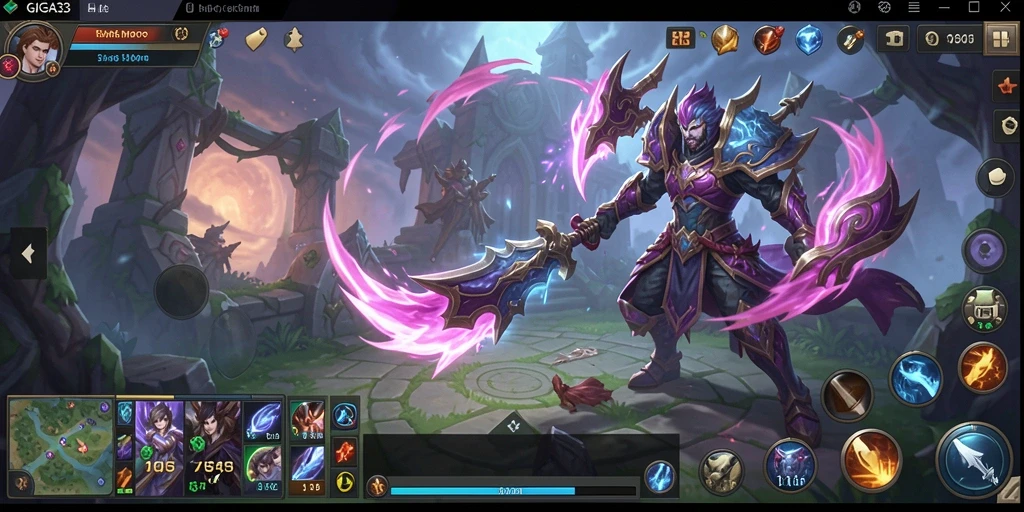 Screenshot gameplay GIGA33 menampilkan pertempuran epik di dunia fantasi.