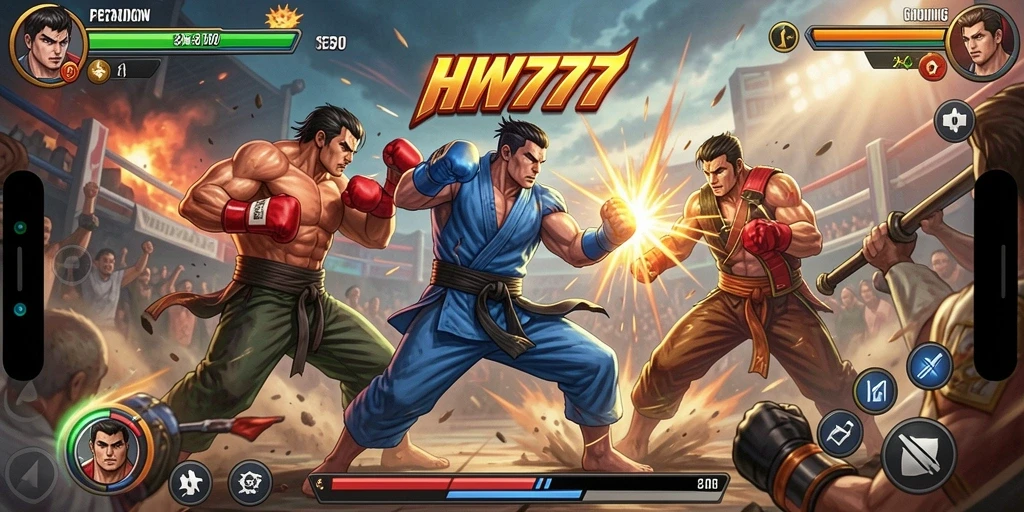 Tampilan gameplay HW777 yang penuh aksi dalam pertarungan petarung hebat.