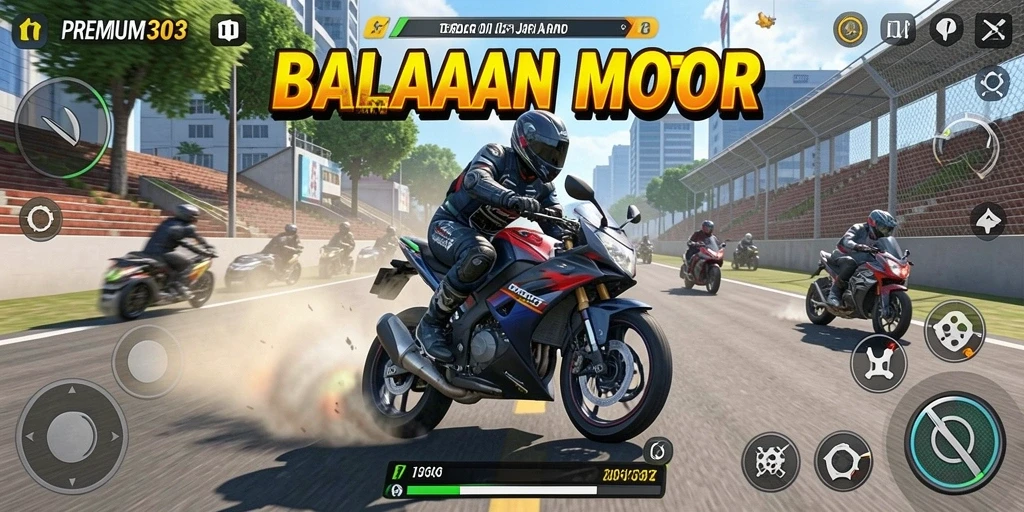 Tampilan gameplay balapan motor yang seru dan mendebarkan.