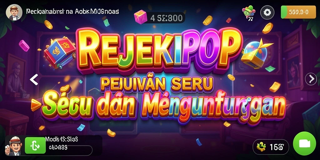 Screenshot permainan REJEKIPOP dengan tampilan slot yang penuh warna.